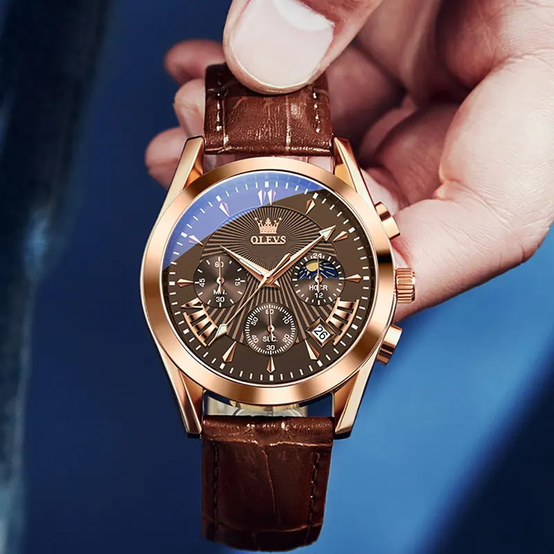 Olevs Chronograph Brown Leather Men's Watch- 2876